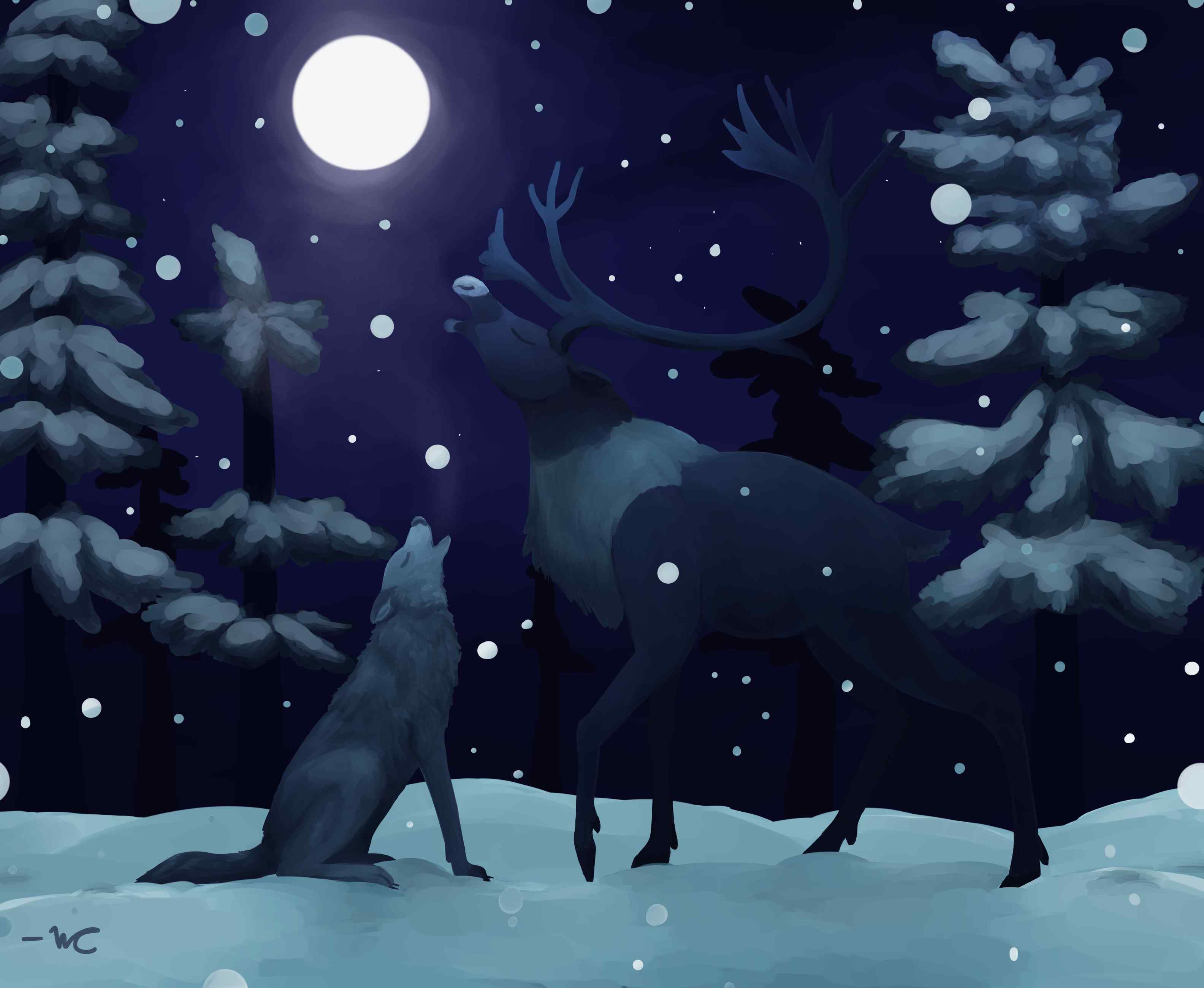 A wolf and a caribou howling at a full moon together. They are in a snowy clearing. There are pine trees behind them. The whole image is done with shades of blue, and white.